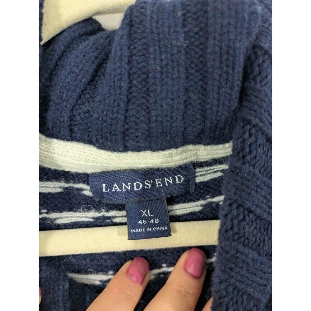 Lands End Men's Lambswool Cable Knit Fair Isle Sweater Navy Shawl Collar Sz XL